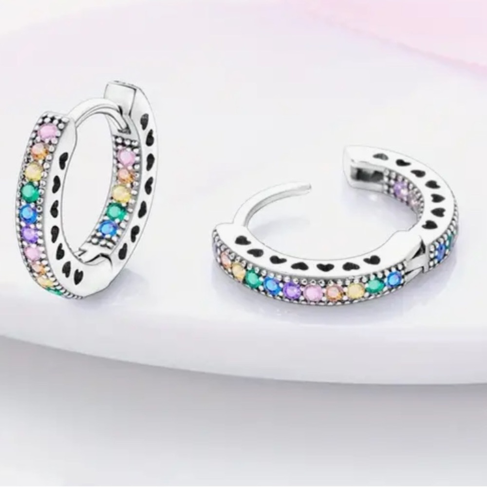 Double Inlaid Heart Pastel Rainbow Hoop Earrings